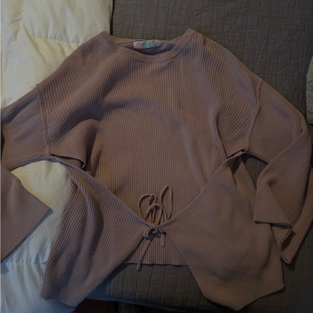 FP Beach mauve Ribbed Knit Sweater with Tie Detail